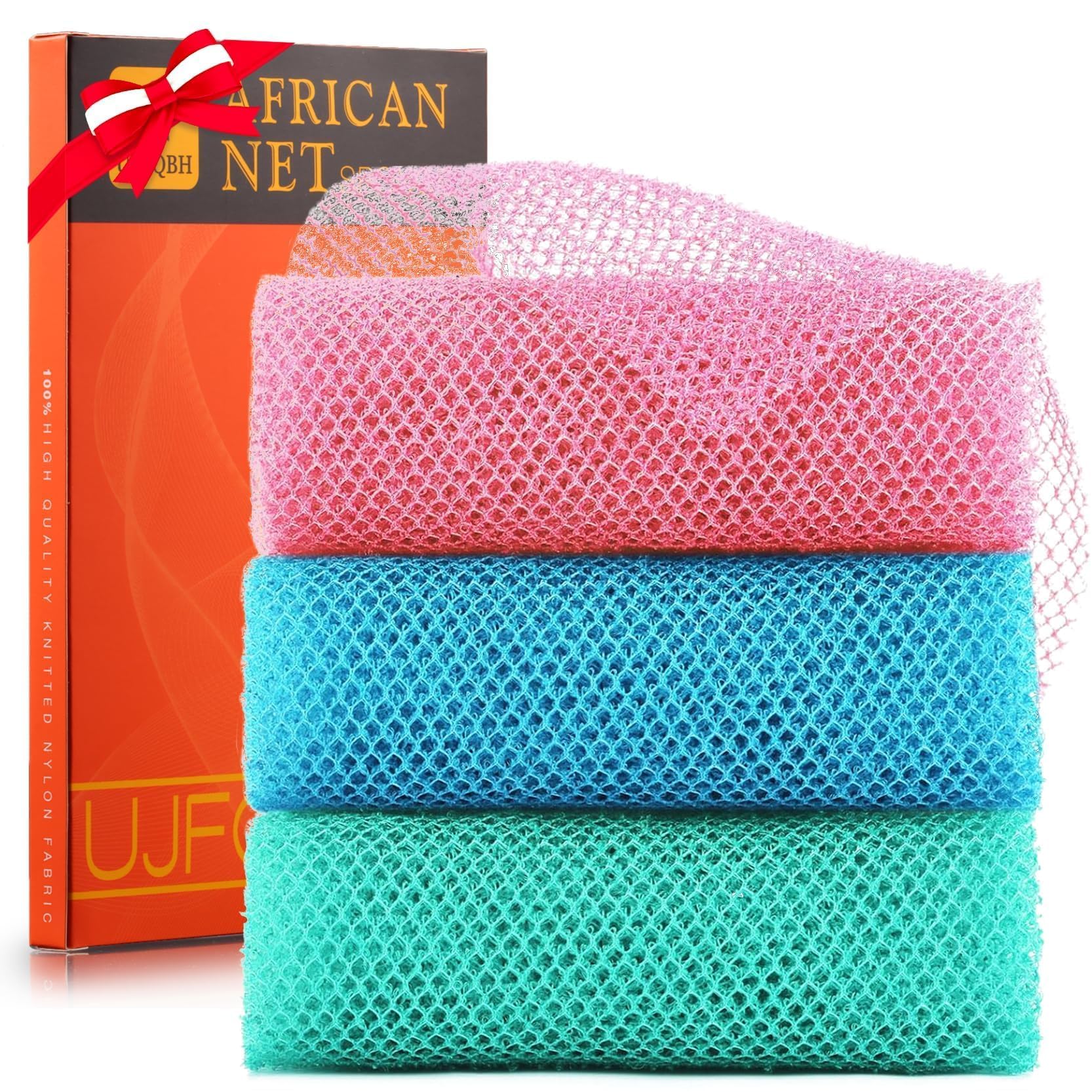 UJFQBH 3 Pieces African Bath Sponge African Net Long Net Bath Sponge Exfoliating Shower Body Scrubber Back Scrubber Skin Smoother,Great for Daily Use (Pink,Yellow,Purple)